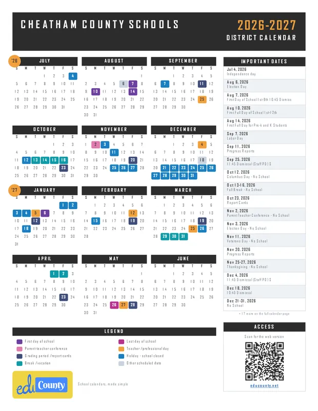 Cheatham County Schools printable 2026-27 calendar