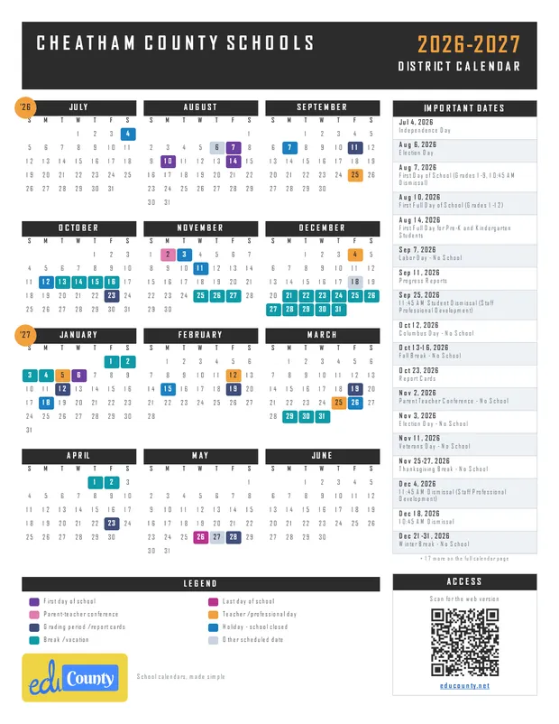 Cheatham County Schools printable 2026-27 calendar