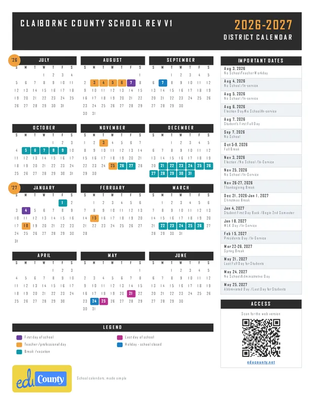 Claiborne County School Rev V1 printable 2026-27 calendar