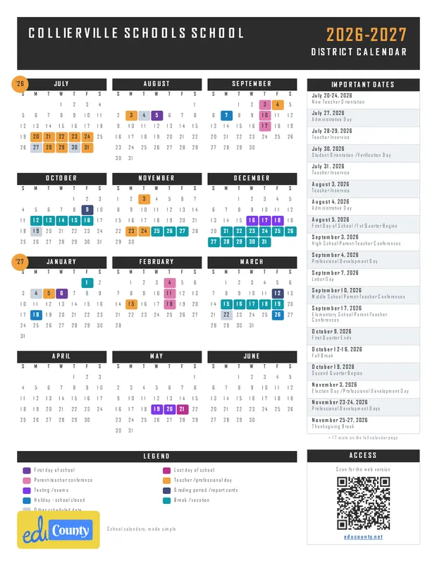 Collierville Schools School printable 2026-27 calendar