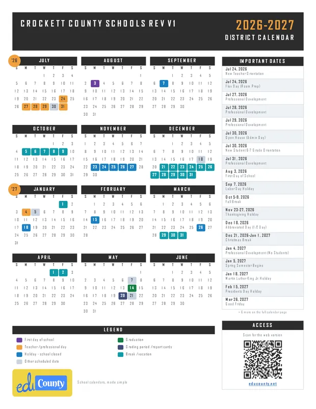 Crockett County Schools Rev V1 printable 2026-27 calendar