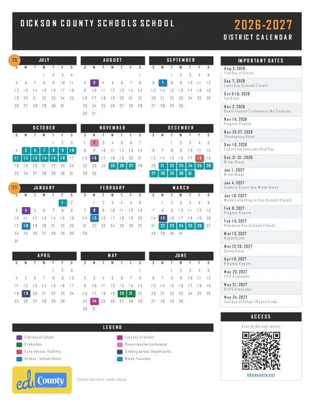 Dickson County Schools School printable 2026-27 calendar
