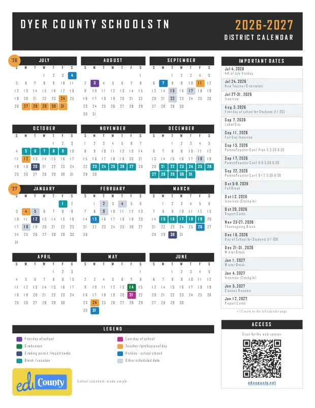 DYER COUNTY SCHOOLS printable 2026-27 calendar