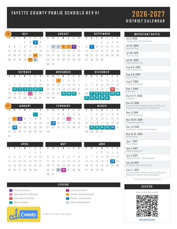 Fayette County Public Schools Rev V1 printable 2026-27 calendar