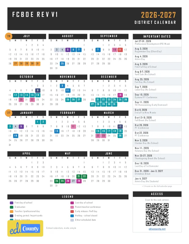 FCBOE Rev V1 printable 2026-27 calendar