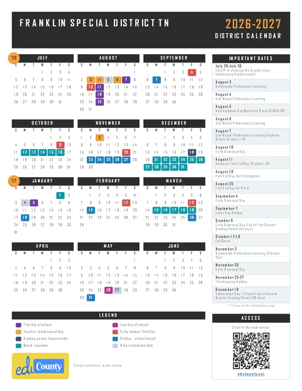 Franklin Special District printable 2026-27 calendar