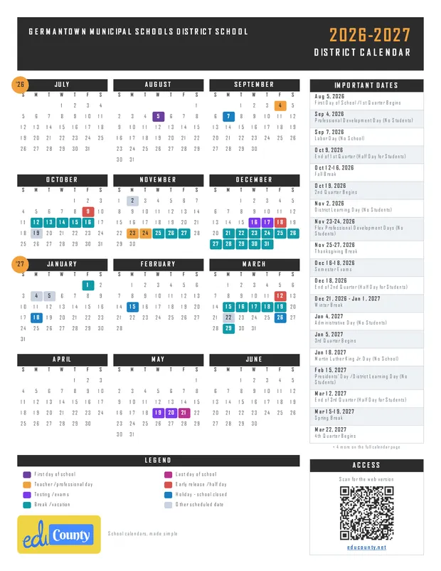 Germantown Municipal Schools District School printable 2026-27 calendar