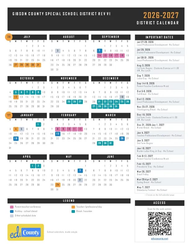 Gibson County Special School District Rev V1 printable 2026-27 calendar