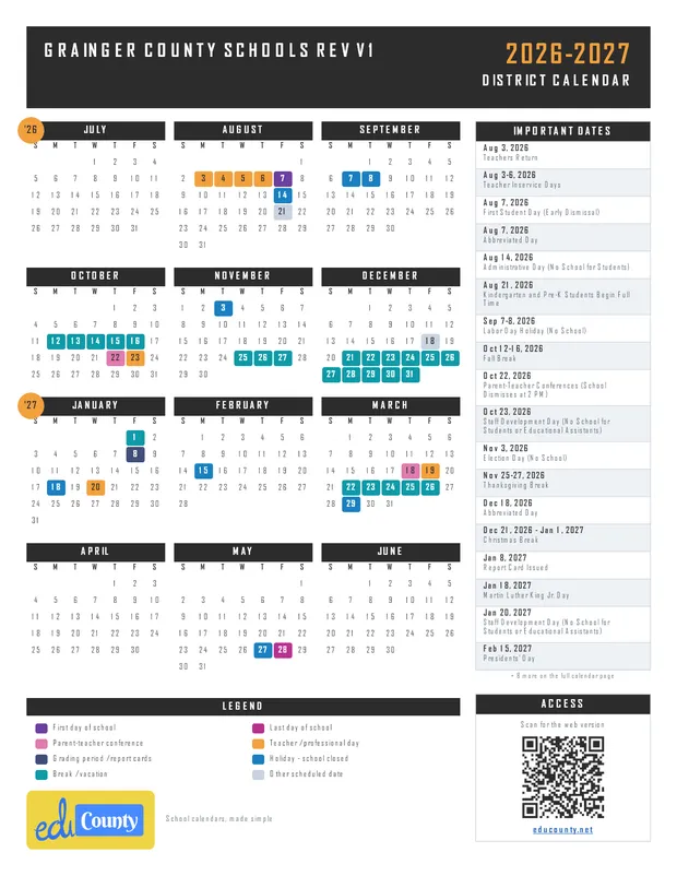 Grainger County Schools Rev V1 printable 2026-27 calendar