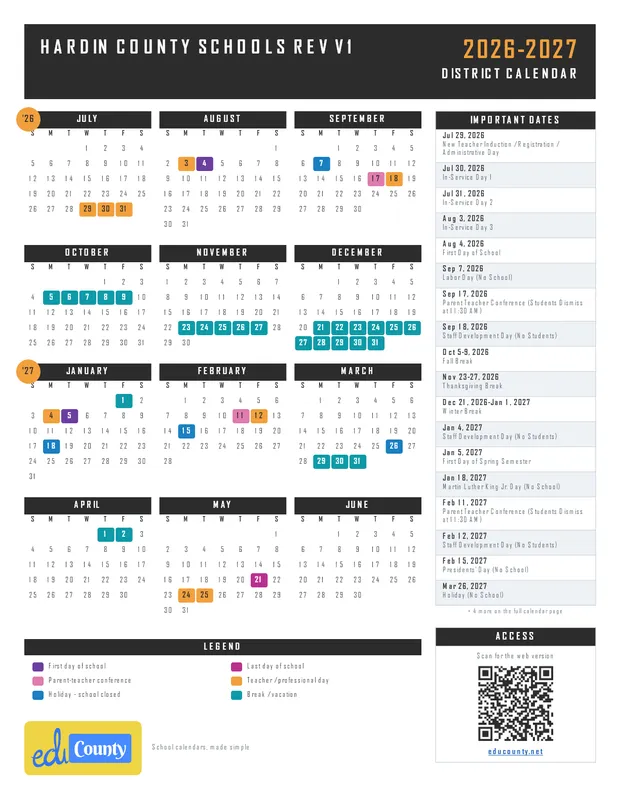 Hardin County Schools Rev V1 printable 2026-27 calendar