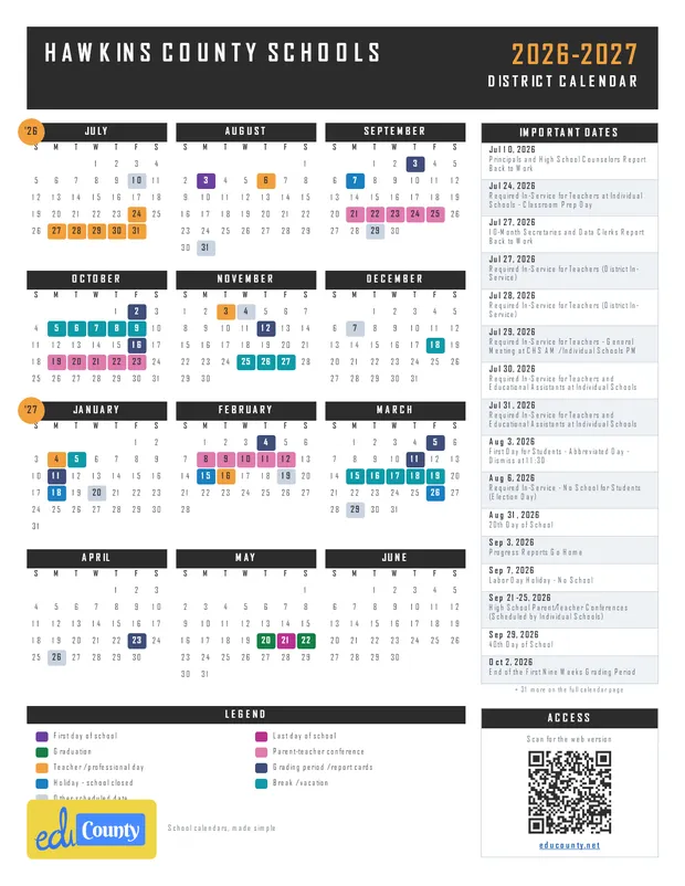 Hawkins County Schools printable 2026-27 calendar
