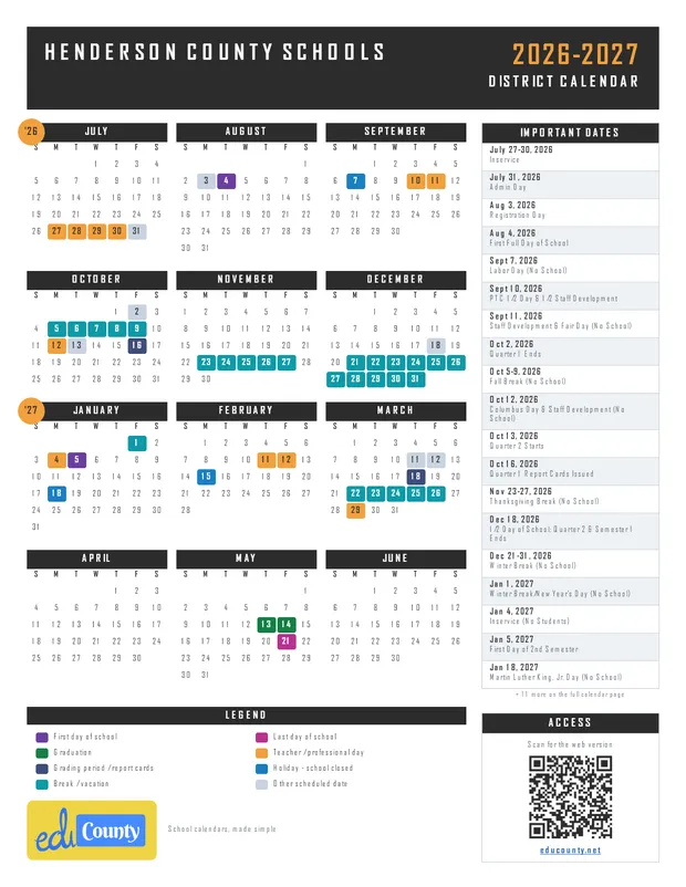 Henderson County Schools printable 2026-27 calendar