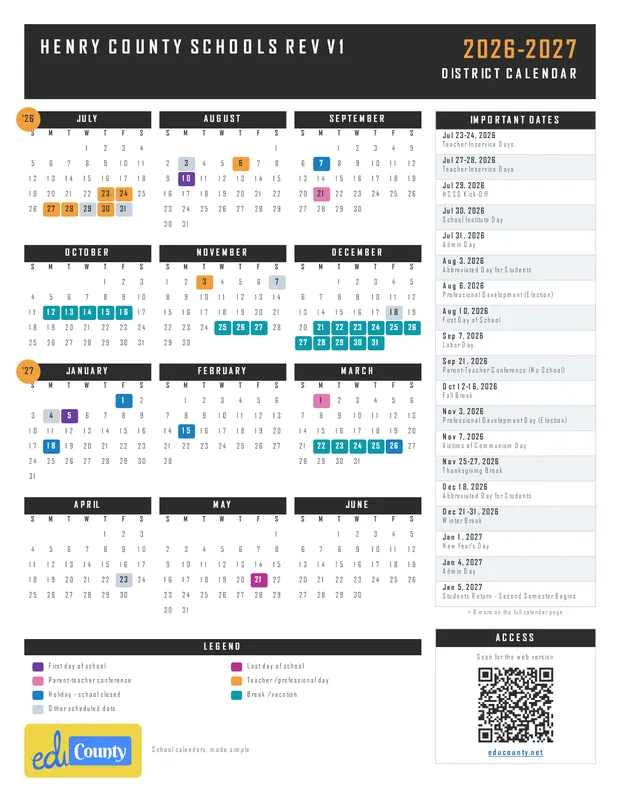 Henry County Schools Rev V1 printable 2026-27 calendar