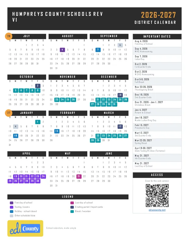 Humphreys County Schools Rev V1 printable 2026-27 calendar