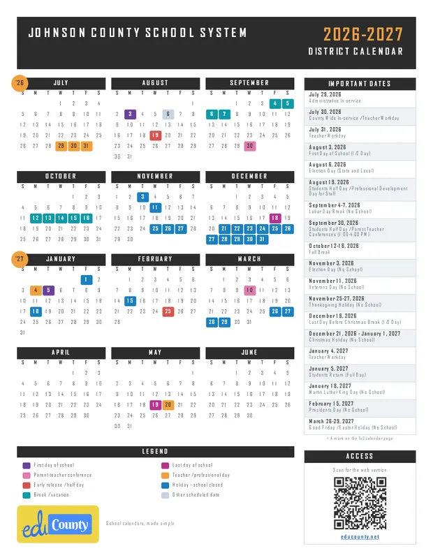 Johnson County School System printable 2026-27 calendar