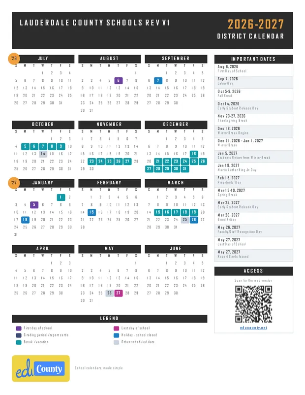 Lauderdale County Schools Rev V1 printable 2026-27 calendar