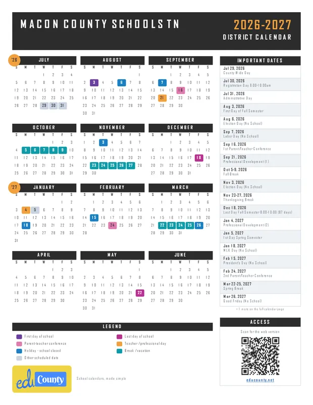 Macon County Schools printable 2026-27 calendar