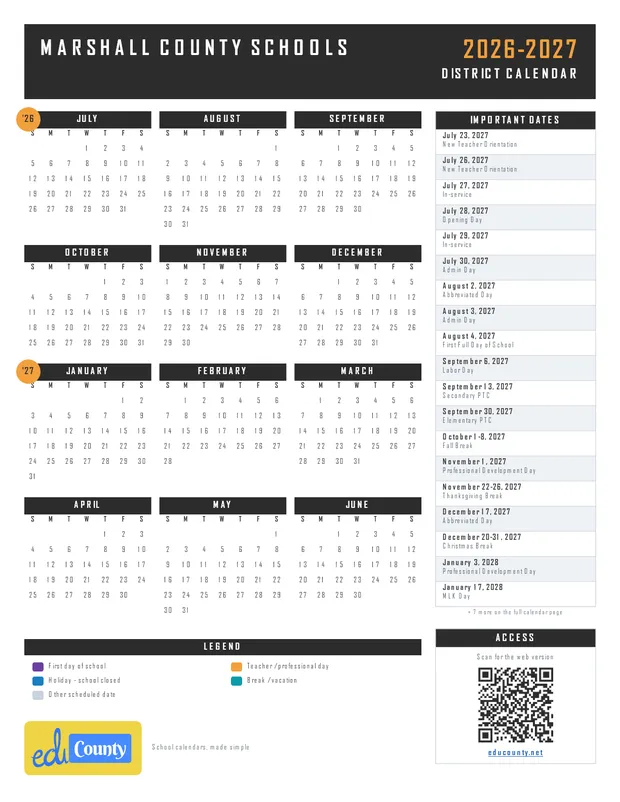 Marshall County Schools printable 2026-27 calendar