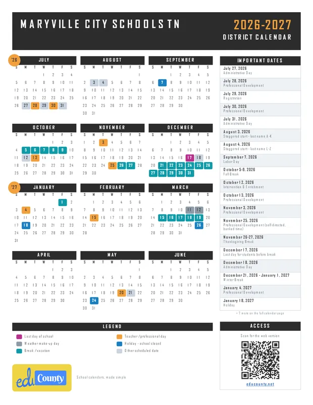 Maryville City Schools printable 2026-27 calendar