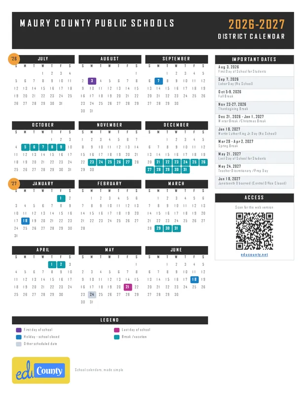Maury County Public Schools printable 2026-27 calendar