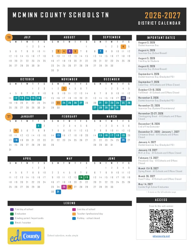 McMinn County Schools printable 2026-27 calendar