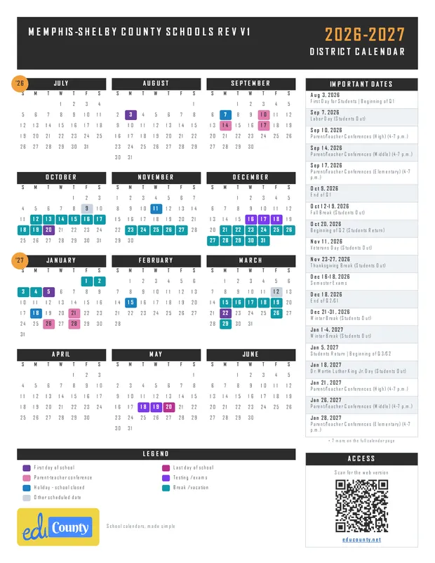 Memphis-Shelby County Schools Rev V1 printable 2026-27 calendar
