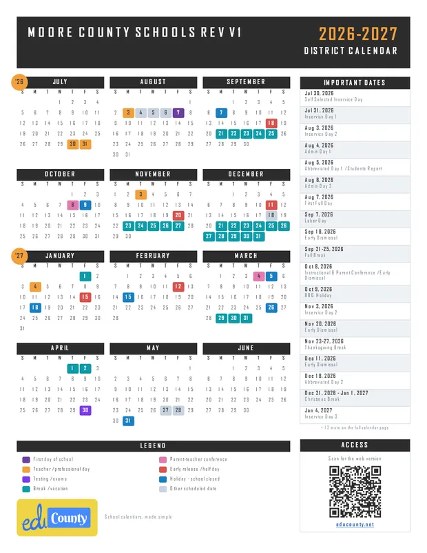 Moore County Schools Rev V1 printable 2026-27 calendar