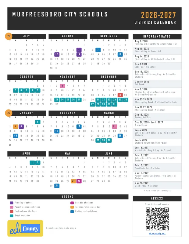 Murfreesboro City Schools printable 2026-27 calendar