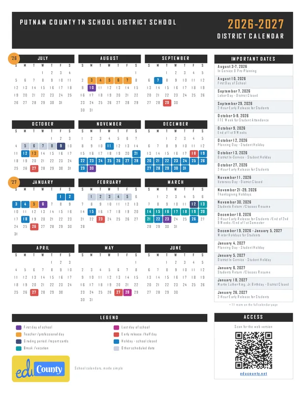 Putnam County TN School District School printable 2026-27 calendar