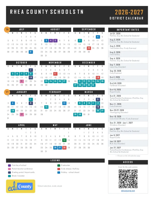 Rhea County Schools printable 2026-27 calendar