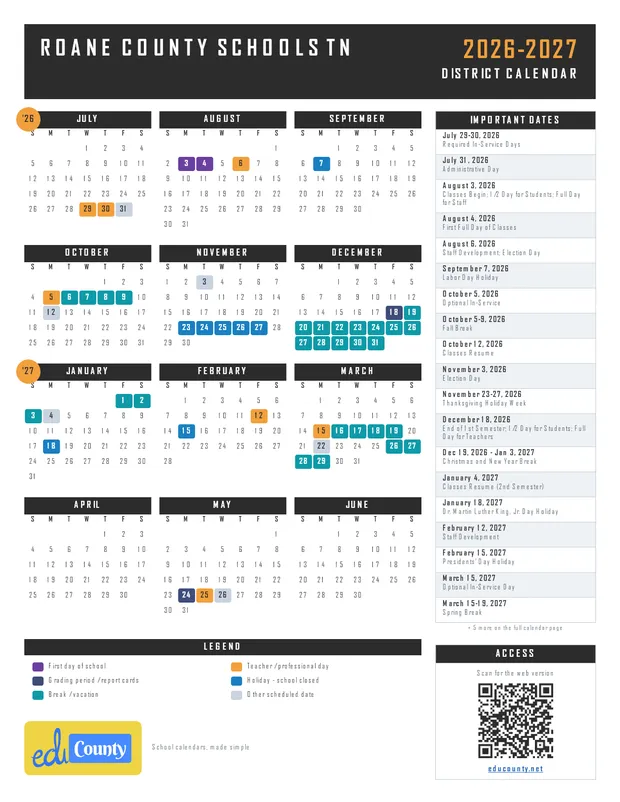 Roane County Schools printable 2026-27 calendar