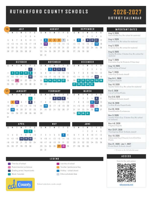 Rutherford County Schools printable 2026-27 calendar