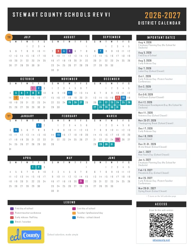 Stewart County Schools Rev V1 printable 2026-27 calendar