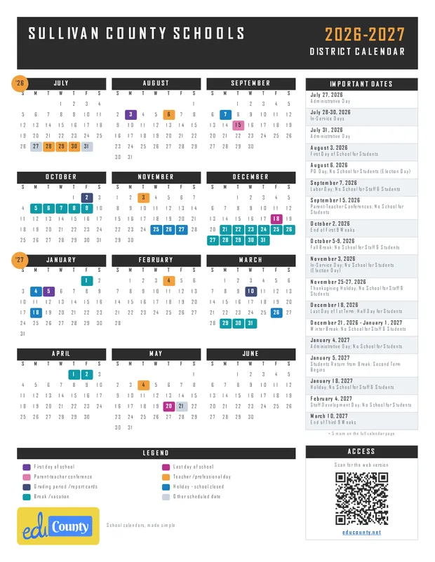 Sullivan County Schools printable 2026-27 calendar