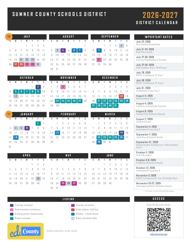 Sumner County Schools District printable 2026-27 calendar