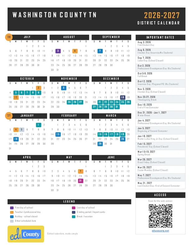 Washington County printable 2026-27 calendar