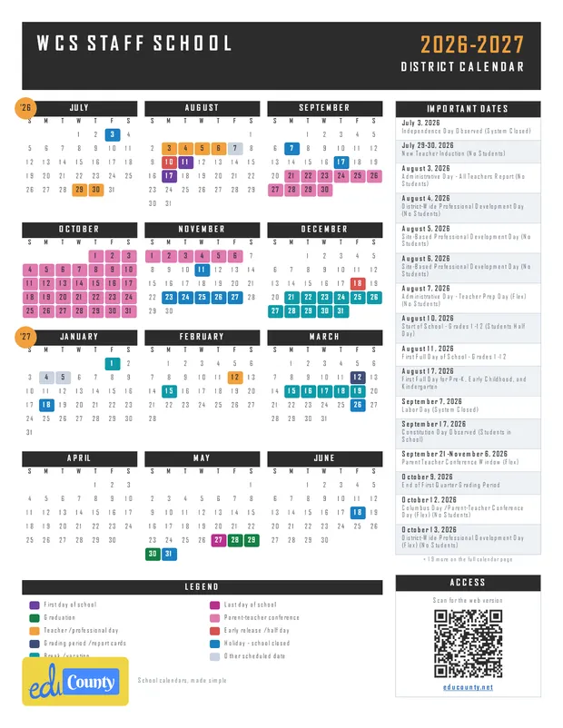 WCS Staff School printable 2026-27 calendar