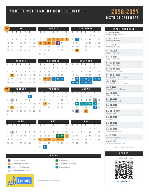 Abbott Independent School District printable 2026-27 calendar