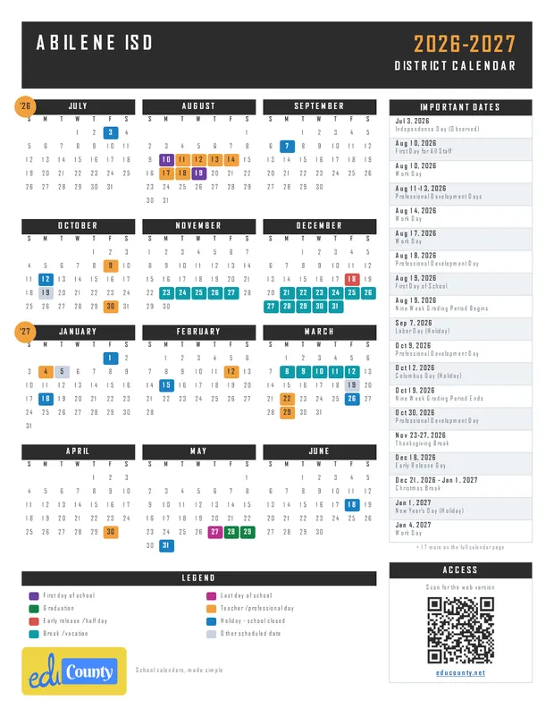 Abilene ISD printable 2026-27 calendar