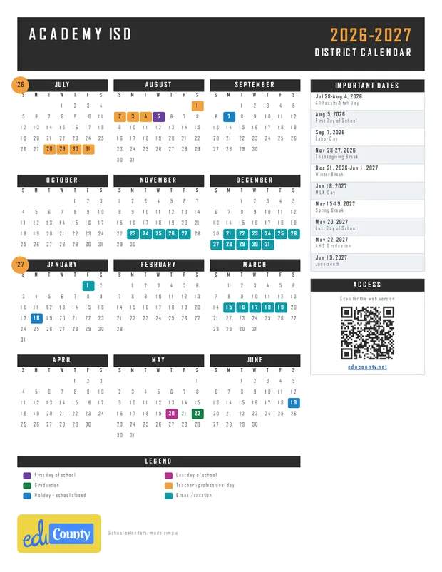 Academy ISD printable 2026-27 calendar