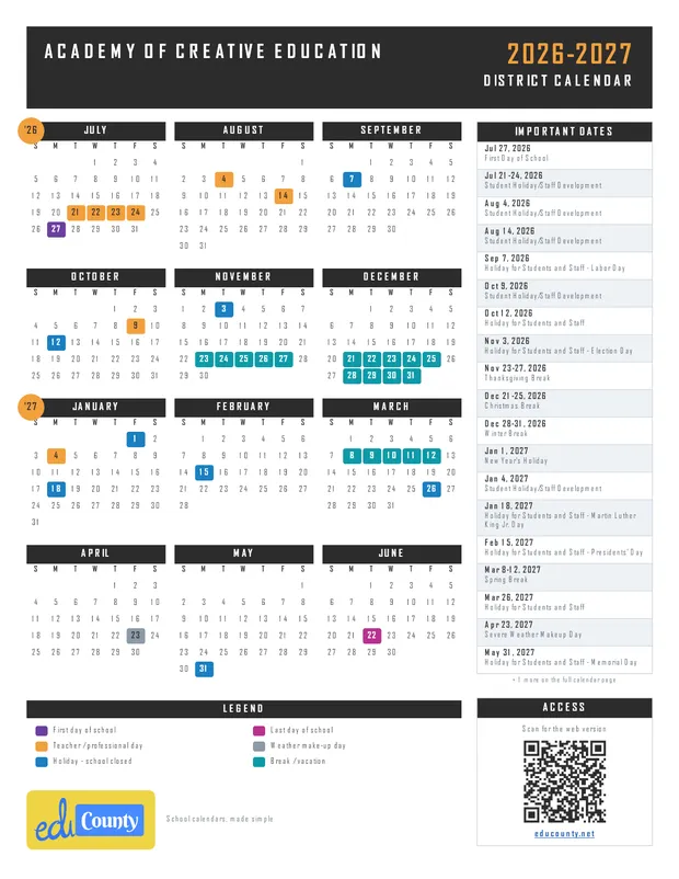 Academy of Creative Education printable 2026-27 calendar
