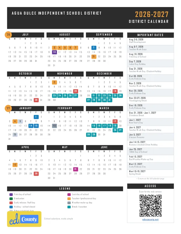 Agua Dulce Independent School District printable 2026-27 calendar