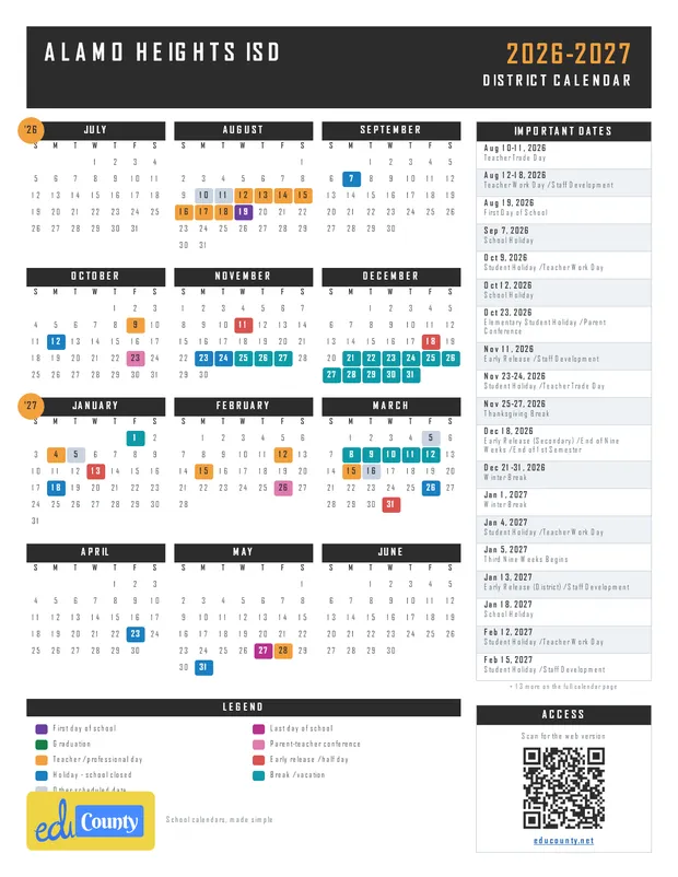 Alamo Heights ISD printable 2026-27 calendar