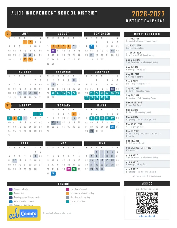Alice Independent School District printable 2026-27 calendar