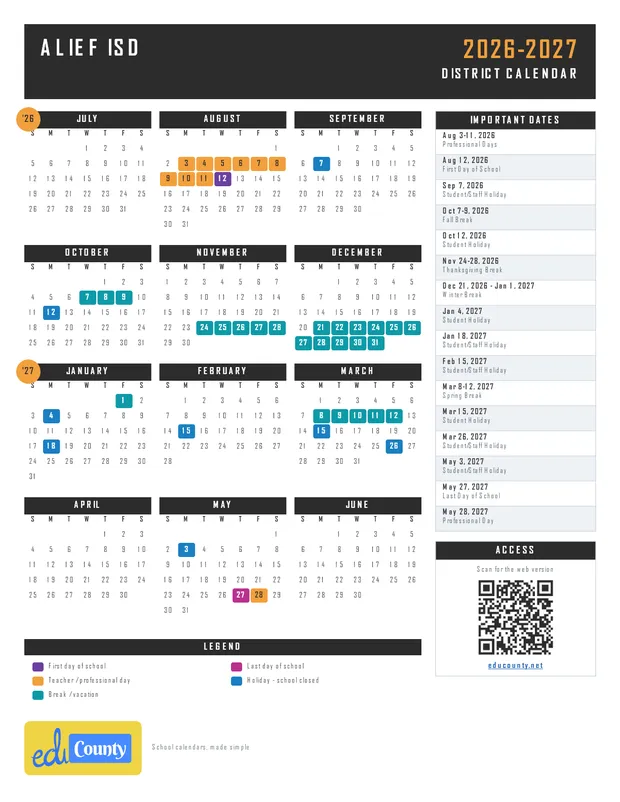 Alief ISD printable 2026-27 calendar