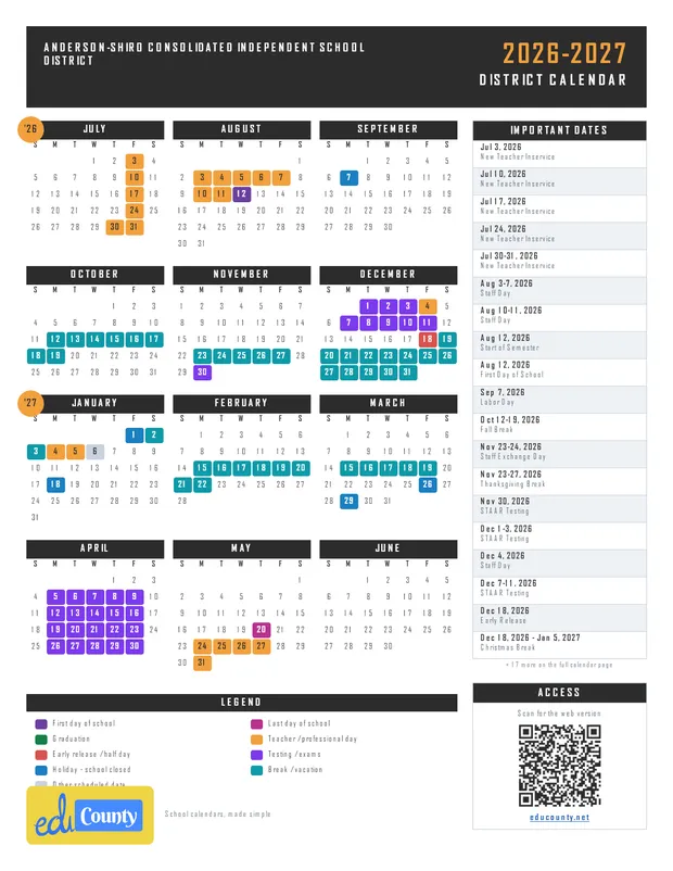 Anderson-Shiro Consolidated Independent School District printable 2026-27 calendar