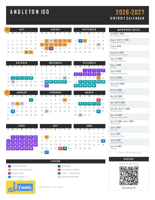 Angleton ISD printable 2026-27 calendar