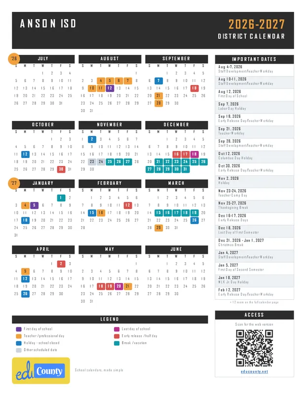 Anson ISD printable 2026-27 calendar