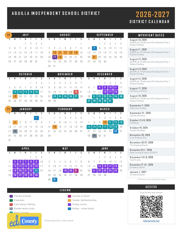Aquilla Independent School District printable 2026-27 calendar