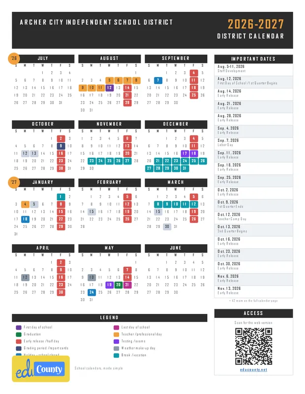 Archer City Independent School District printable 2026-27 calendar